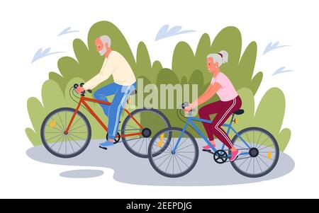 Elderly senior people cycling in park, cyclist grandfather grandmother ride bicycles Stock Vector