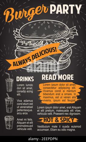 Burger chalkboard poster for fast food restaurant template. Hamburger sandwich with soda and coffee drink chalk sketches on blackboard banner for fast Stock Vector