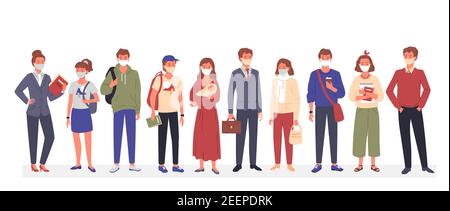 People group in medical mask standing together, wearing casual clothes, protective mask Stock Vector