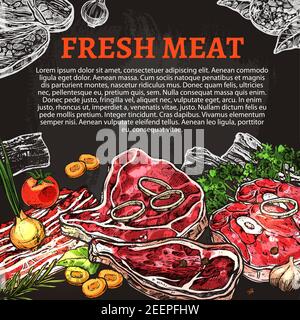 Fresh meat chalkboard poster with beef and pork steak, lamb chop, ham, chicken and bacon slices chalk sketch. Butcher shop product vector banner for m Stock Vector