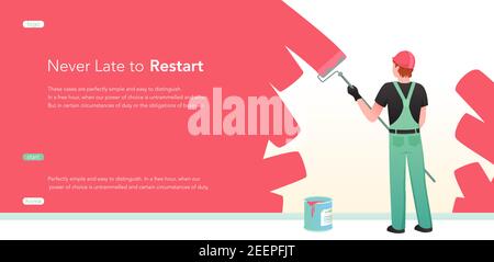 Decorator job, interior decor renovation service landing page, man painting house wall Stock Vector