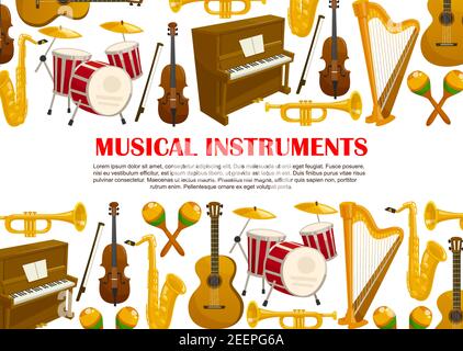 Musical instruments poster of piano, violin fiddle or contrabass and trumpet, percussion drums or cymbals and maracas, harp or saxophone and guitar. V Stock Vector