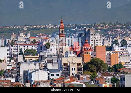 Aerial view over the historic colonial centre of the city Salta showing the Iglesia San Francisco / Church of Saint Francis, Salta Province, Argentina Stock Photo