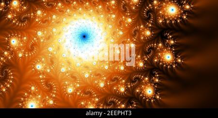 Abstract Star Mandelbrot Universe artwork. Starlight glowing fractal elements. colors Fire red, yellow and golden brown. sun in the center. Stock Photo