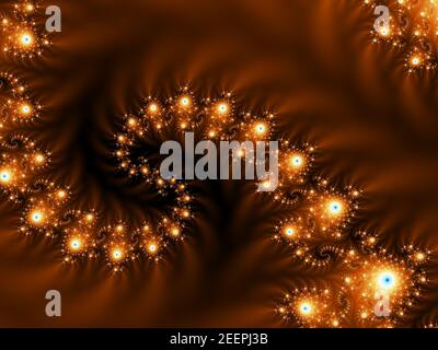 Twisted Abstract Mandelbrot planets artwork. Starlight glowing fractal elements. colors Fire red, yellow and golden brown. dark neon glowing lamps. Stock Photo