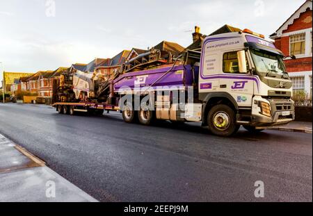 Poole, UK. 16th Feb, 2021. Bournemouth, UK. Tuesday 16 February 2021. Usually busy Ashley Road, connecting Bournemouth and Poole, is closed for resurfacing. Credit: Thomas Faull/Alamy Live News Stock Photo