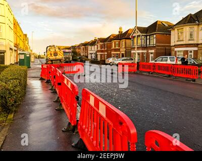 Poole, UK. 16th Feb, 2021. Bournemouth, UK. Tuesday 16 February 2021. Usually busy Ashley Road, connecting Bournemouth and Poole, is closed for resurfacing. Credit: Thomas Faull/Alamy Live News Stock Photo