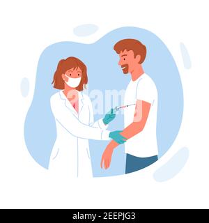 Vaccination campaign, doctor woman holding syringe, injecting vaccine in patient arm Stock Vector