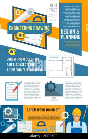 Construction, planning and building design banner for architecture company template. Engineering drawings, house plan, builder with tool, spanner, tap Stock Vector
