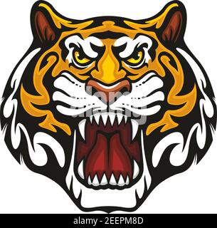Tiger head or wild animal roaring muzzle for sport team mascot. Vector isolated flat icon of wildcat lion, leopard, or jaguar predator symbol for blaz Stock Vector