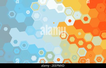 Classic Honeycomb hexagons wallpaper. mosaic background illustration. eye catching colors. awesome gradient shades of orange and sky blue. Stock Photo