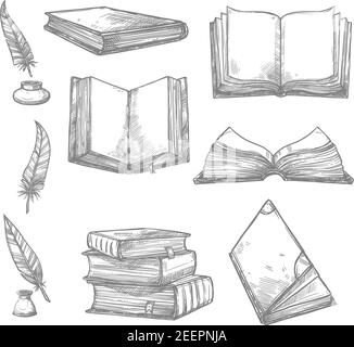 Old books and ancient manuscripts and ink quill or feather pen sketch icons. Obsolete vintage book, antique paper rolls and inkwell for bookshop writi Stock Vector