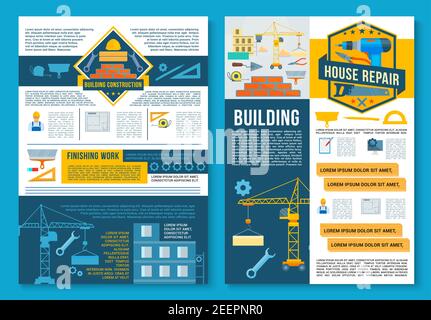 Building construction, finishing work and home repair poster template set. Construction site with equipment and crane, work tool, spanner, drill, wren Stock Vector