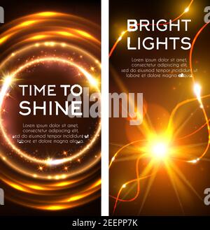 Glowing golden lights banner set. Shining star or sun with bright beam and neon motion trail, glittering circle with sparkling swirls and magic fire r Stock Vector
