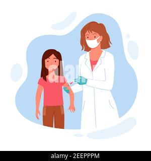 Children vaccination for immunity kids health, doctor in medical mask vaccinating child Stock Vector