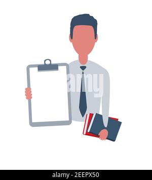 Businessman or clerk holding a blank paper and books. Male character in simple style with objects, flat vector illustration. Isolated on white Stock Vector