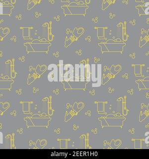 Vector seamless pattern Bath, shower, washcloth, hand, bubbles, towel, hanger on white background. Bathtub. Bathroom set, washing, bathing, cleanlines Stock Vector