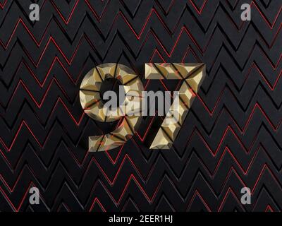 Number ninety-seven (number 97) made from gold bars on dark background with cuts and glow of red neon lines. Front view. 3D illustration Stock Photo