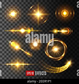 Light flashes, sun beams and star lights isolated icons on transparent background. Vector set of shining beam with lens flare effect or glittering sun Stock Vector