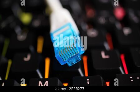 Makro closeup of isolated blue white network connector cable on illuminated computer keyboard Stock Photo
