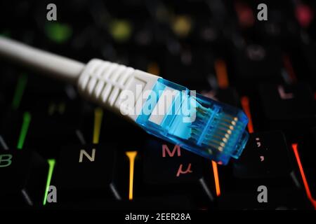 Makro closeup of isolated blue white network connector cable on illuminated computer keyboard Stock Photo