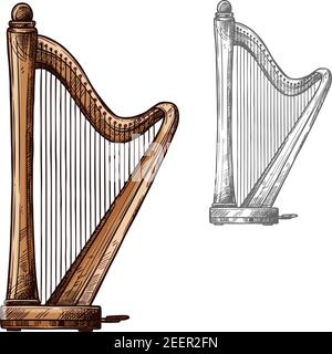 Harp string musical instrument. Vector sketch symbol of classic orchestra or ancient Greek opera acoustic stringed harp for music concert or folk fest Stock Vector