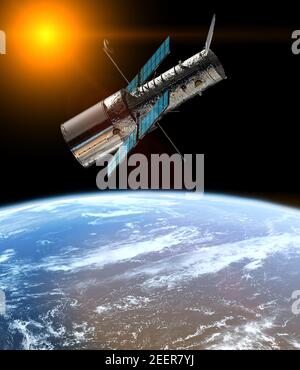 Space telescope in the orbit of planet Earth. Solar system. Mixed media Stock Photo