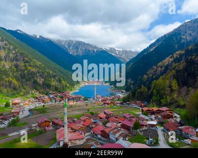 Drone view to the Uzungol lake famous tourist destination in city of Trabzon Turkey Stock Photo