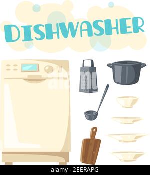 Dishwasher and dishes or kitchenware. Vector design of dish washing machine household appliance and dishware of cutting board, saucepan or frying pan, Stock Vector