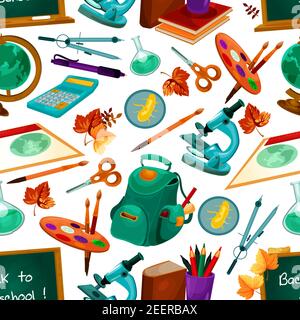 Back to School seamless pattern of vector school supplies, backpack and biology microscope, geometry pencil and ruler, drawing brush paint and formula Stock Vector