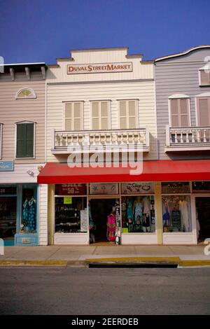 Store Fronts along Duval Street in Key West, Florida, FL USA.  Southern most point in the continental USA.  Island vacation destination. Stock Photo