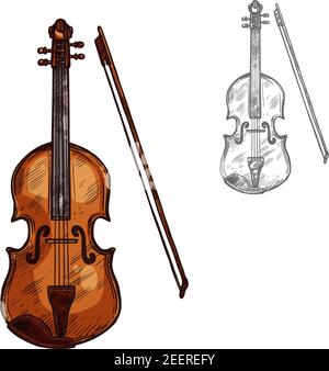 Violin or contrabass musical instrument with bow sketch icon. Vector isolated string music cello or fiddle, violoncello or viola for classic music con Stock Vector