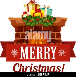 Merry Christmas icon or greeting card design template of winter fireplace and chimney with Xmas gifts and holly wreath decoration. Vector ribbon desig Stock Vector