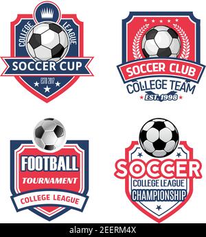 Soccer sports club or football championship cup icon templates. Vector isolated set of soccer or football ball, goal star on ribbon, victory wreath an Stock Vector