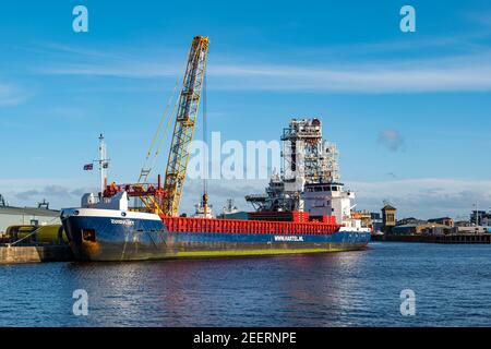Dutch cargo ship Zuidvliet, Hartel Netherlands shipping company unloading at dock, Leith harbour, Edinburgh, Scotland, UK Stock Photo