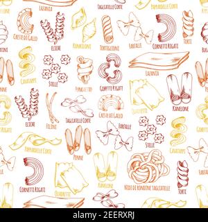 Pasta seamless pattern sketch design of Italian pasta sorts and names. Vector farfalle, ravioli and konkiloni or spaghetti, lasagna, pappardelle and f Stock Vector