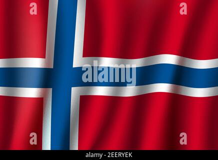 Norway flag 3D background. Norwegian republic European or Scandinavian country official national flag waving with vector curved fabric or waves textur Stock Vector