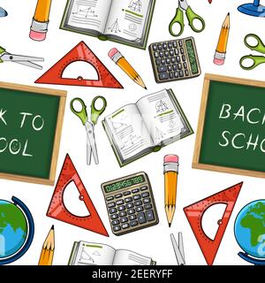 Back to School pattern of seamless vector school supplies and classes stationery. Blackboard, scissors and ruler or math calculator, geography globe a Stock Vector