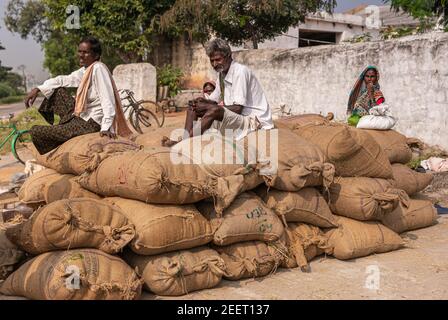 Ayodhya, Karnataka, India - November 9, 2013: Stack of brown jute bags with freshly harvested and weighed rice wait for transport with workers sitting Stock Photo