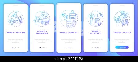 Contract lifecycle steps onboarding mobile app page screen with concepts Stock Vector