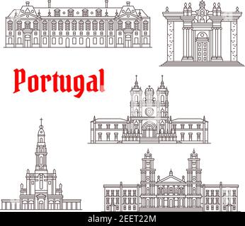 Portugal architecture and Portuguese famous landmark buildings. Vector isolated icons and facades of Coimbra Library, Fatima Sanctuary and Alcobaca Mo Stock Vector