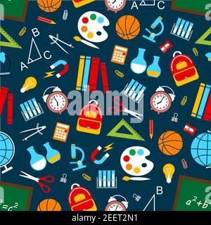 School and education supplies seamless pattern. Vector symbols of science and knowledge books and equation formula, chemistry beaker and astronomy pla Stock Vector