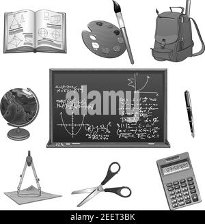 Education and study supplies icons for Back to School. Vector isolated symbols of mathematics or geometry formula on chalkboard, school backpack and c Stock Vector