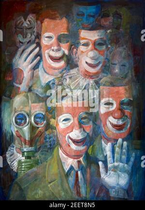 People with smiling masks on their faces, dressed in suits and clowns. Parable about the hypocrisy of some people and leaders Stock Photo