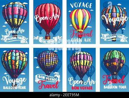 Hot air balloon tourist voyage cards or travel tour advertising posters for tourism agency or company. Vector design of hot air balloon adventure on I Stock Vector