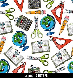 School cartoon smile supplies seamless pattern. Vector comic characters of globe map, notepad or school book, ruler and scissors, pen or pencil eraser Stock Vector