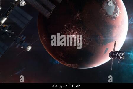 Inhabited Mars. Space station blurred in motion against backdrop of red planet of solar system. 3D render Stock Photo