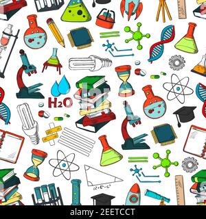 School and science supplies seamless pattern. Vector symbols of chemistry or biology microscope, chemistry beaker vials and atom formula, astronomy te Stock Vector