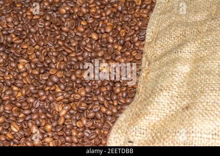 Roasted coffee beans of the Robusta variety being unloaded from the bag where it has reached the roaster Stock Photo