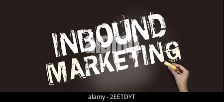 Businessman writes with chalk: INBOUND MARKETING on blackboard. Business concept. Stock Photo